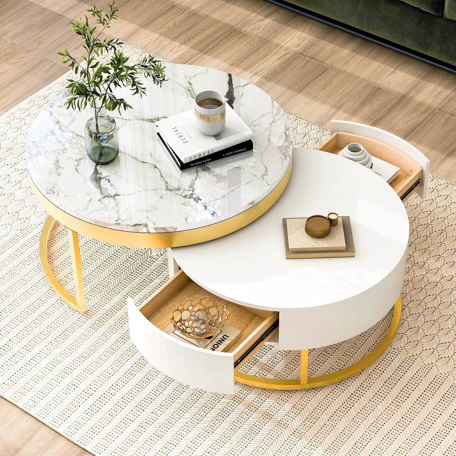 Round Gold Nesting Coffee Table Set of 2 – Modern White & Gold Tables with Storage Drawers, Space-Saving Design for Living Room & Apartment