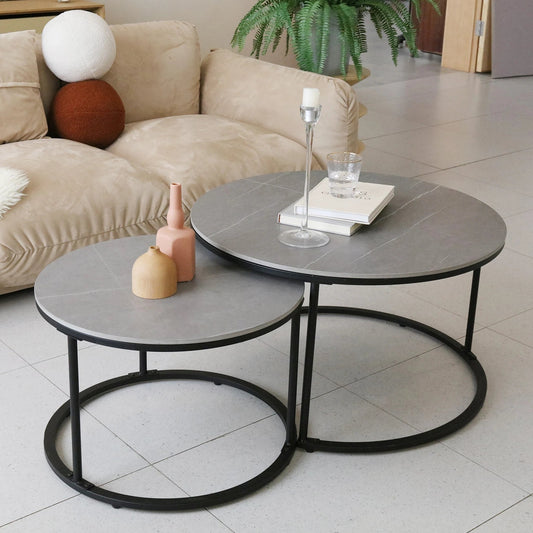 Modern Round Nesting Coffee Table Set – Grey Marble Sintered Stone Top with Black Metal Legs, Space-Saving Living Room Furniture