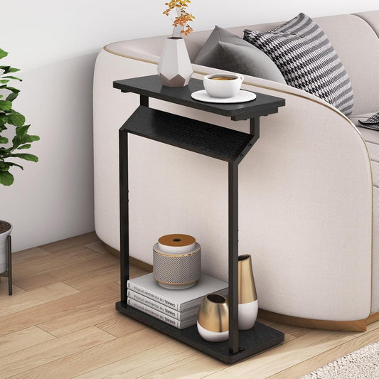 Slim Narrow Side Table for Small Spaces – Black Metal Frame, Compact End Table for Couch, Bedside, or Living Room