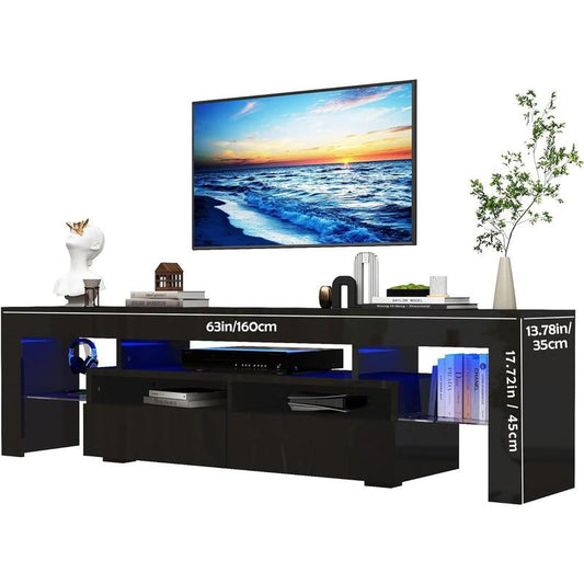 Modern LED TV Stand – High-Gloss Entertainment Center with Storage Drawers, RGB APP-Controlled Lights & Gaming Console Shelf for 65-80 Inch TVs (Black, 63"/70")