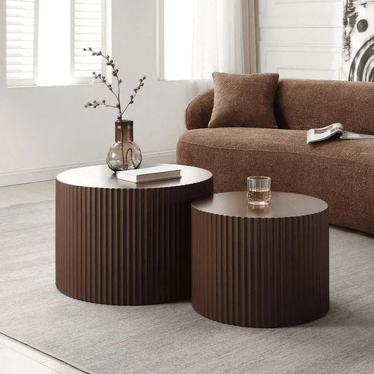 Nesting Coffee Table Set of 2 – Matte Brown Round Wooden Tables, Modern Luxury Side & Accent Tables for Living Room, Bedroom, or Apartment