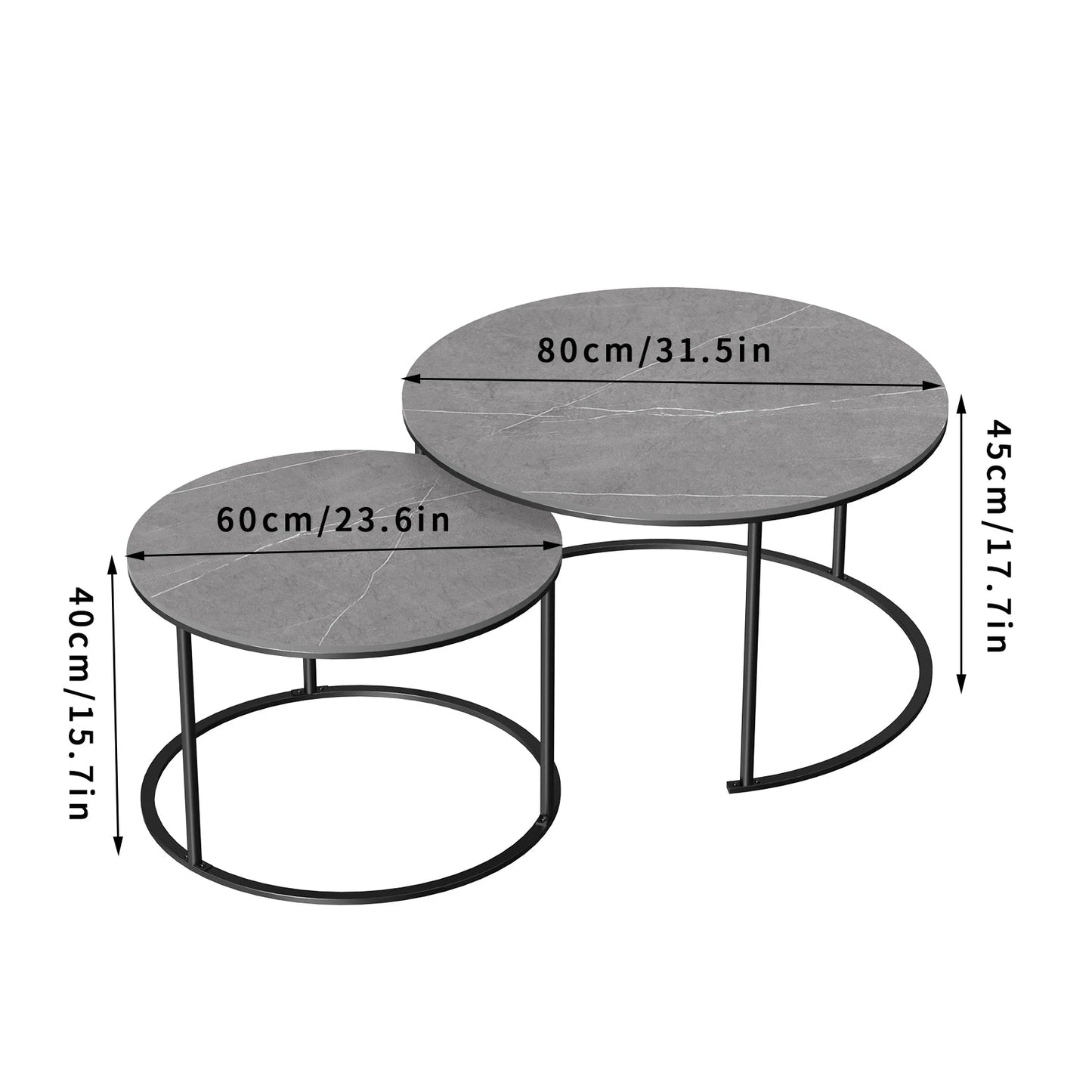 Modern Round Nesting Coffee Table Set – Grey Marble Sintered Stone Top with Black Metal Legs, Space-Saving Living Room Furniture